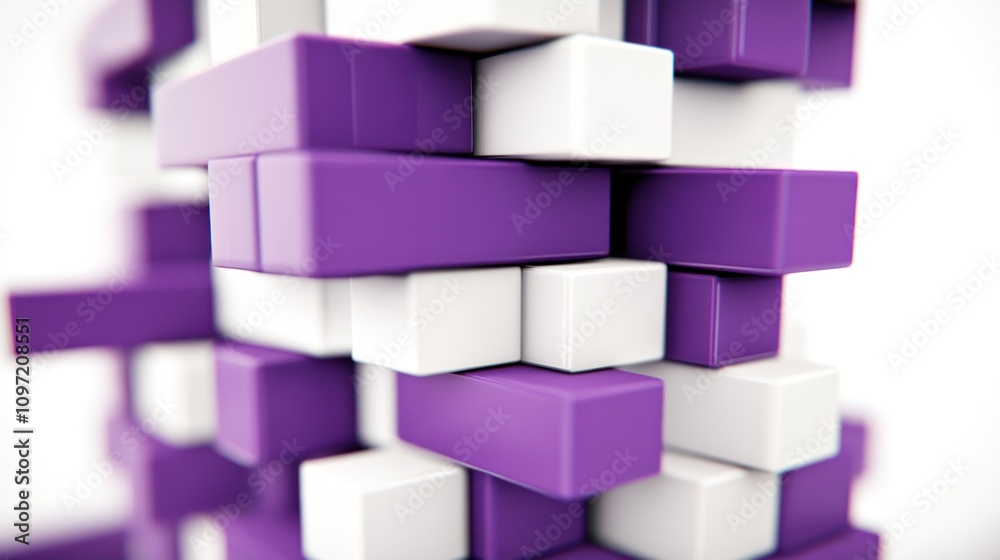 Poster a close-up of interlocking purple and white blocks, resembling a modern design or game.