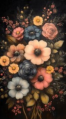 Floral background, hand-painted pink and cream flowers on a dark blue background, with copy space in the middle of the frame, in the style of digital art.