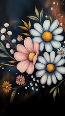 Floral background, hand-painted pink and cream flowers on a dark blue background, with copy space in the middle of the frame, in the style of digital art.