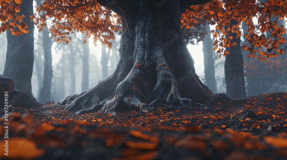 Aufkleber Low angle view of a large tree with prominent roots and orange leaves in a foggy forest setting