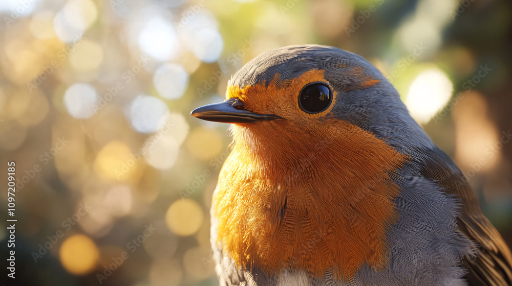 Poster close-up of a european robin perched on a branch, enjoying the warm sunlight filtering through the t