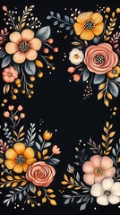 Floral background, hand-painted pink and cream flowers on a dark blue background, with copy space in the middle of the frame, in the style of digital art.