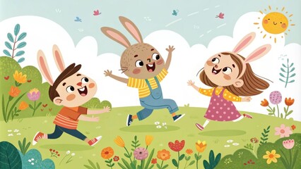 Fototapeta premium A playful gathering where kids are mimicking the crouch of leaping rabbits their vibrant energy radiating as they skirt around a sunny garden.