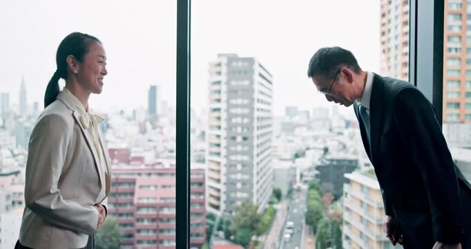 Team, partnership and meeting with respect or bow in office for negotiation, contract and agreement. Business people, Japanese and greeting for partnership, project management and career development