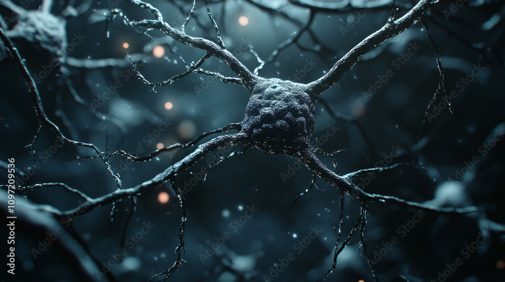 Poster 3d rendering of a neuron sending electrical signals through its network in the brain