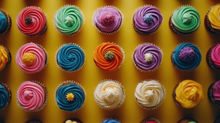 Colorful Swirled Cupcakes Arranged on Yellow Background
