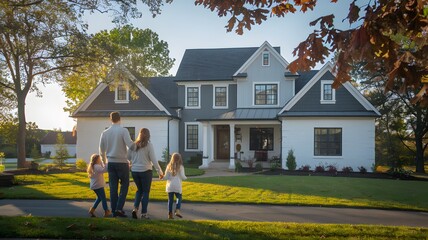 Happy family walking towards their modern home during sunset

