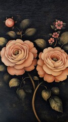 Floral background, hand-painted pink and cream flowers on a dark blue background, with copy space in the middle of the frame, in the style of digital art.