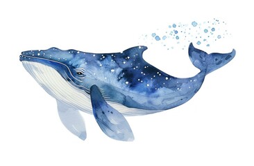 Colorful watercolor illustration of a majestic whale swimming gracefully in the ocean, surrounded by bubbles and sparkling water droplets.
