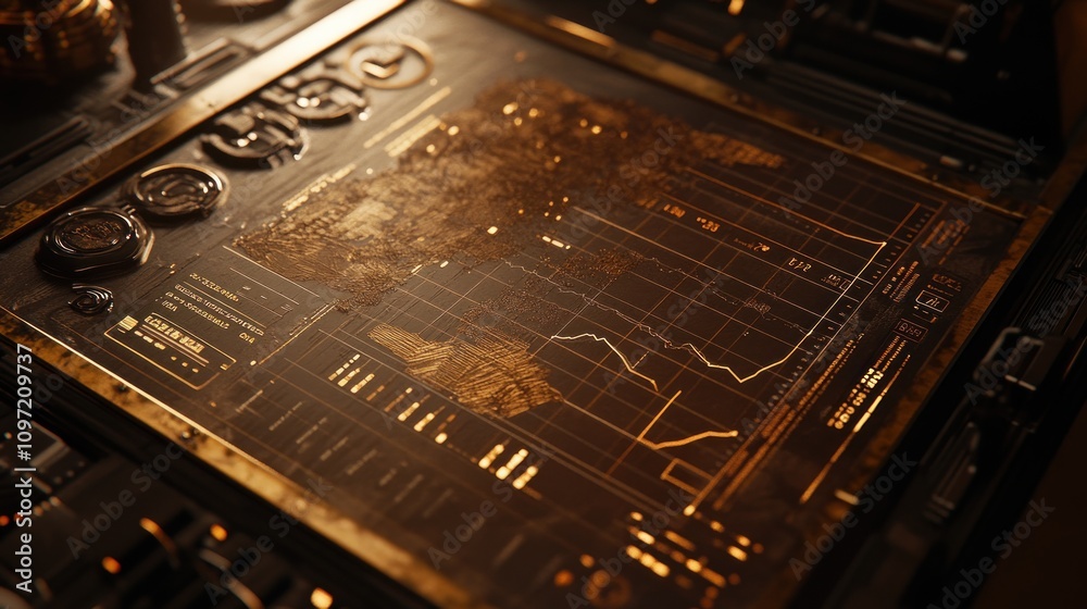 Aufkleber A futuristic interface displaying data trends and analytics on a sleek, metallic surface.