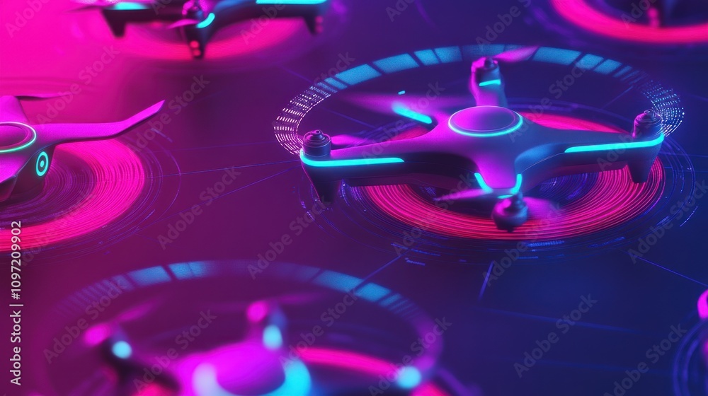 Poster neon drones hovering above futuristic landing pads