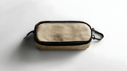 Beige zippered pouch isolated on white background.