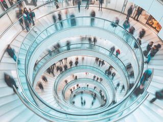 Dynamische Menschenmenge auf einer Spiraltreppe

