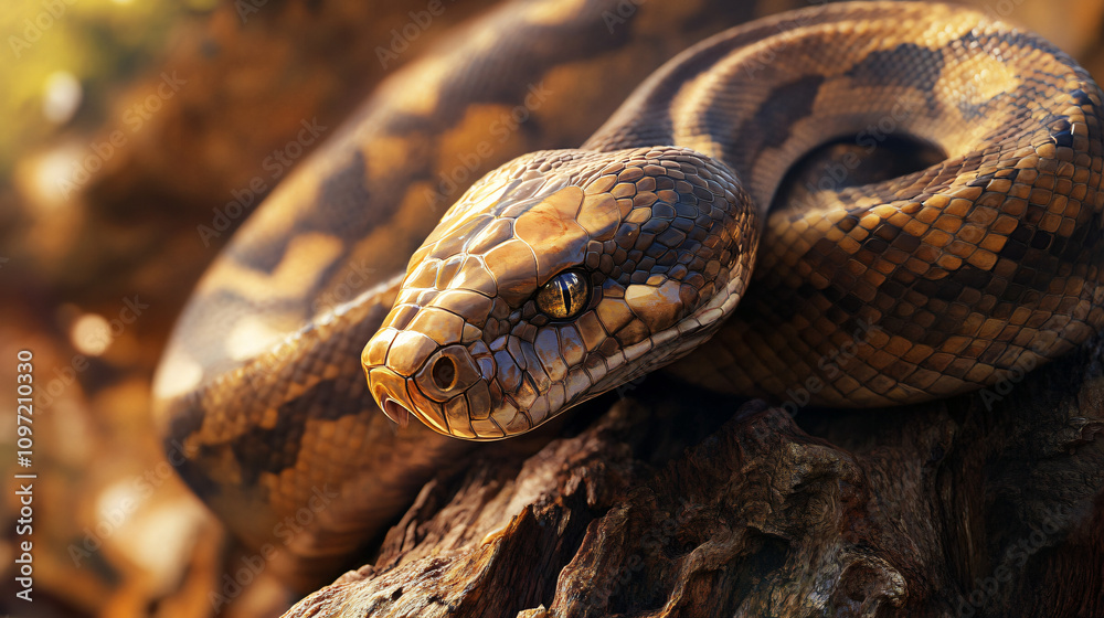 Poster Close-up of a python snake resting on a branch, showcasing its intricate scale pattern and captivating eye