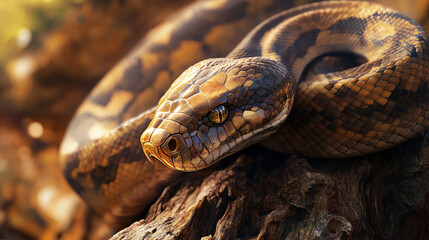 Fototapeta premium Close-up of a python snake resting on a branch, showcasing its intricate scale pattern and captivating eye