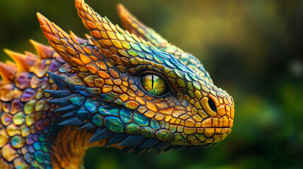Fototapeta premium Intensely staring baby dragon with vibrant iridescent scales and spikes displays its stunning colors