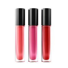 Three lip gloss tubes in varying shades of pink and red, designed for cosmetic application.