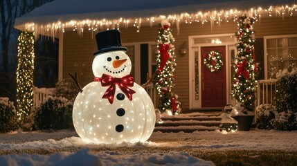 A festive front lawn with a large snowman ornament and a bright red bowtie