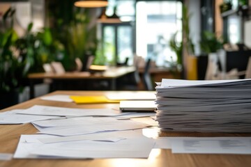 business office with research papers used for management plan, empty co working space