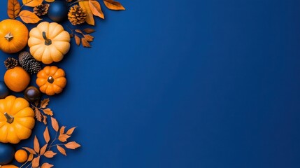 Autumn Harvest: Pumpkins and Maple Leaves on Dark Blue Background for Thanksgiving Day X Banner with Copy Space