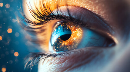 Close-up of a woman's eye reflecting a mesmerizing universe of sparkling stars, blending the human element with cosmic wonder