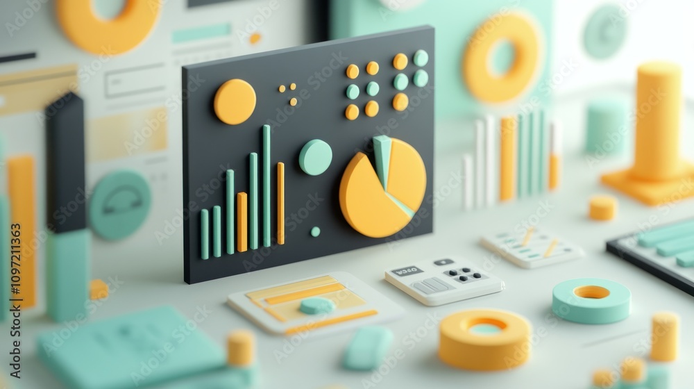 Aufkleber A colorful 3D representation of data analytics with graphs and charts.