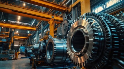 Obraz premium Heavy machinery factory, massive gears and engines being assembled, industrial crane overhead