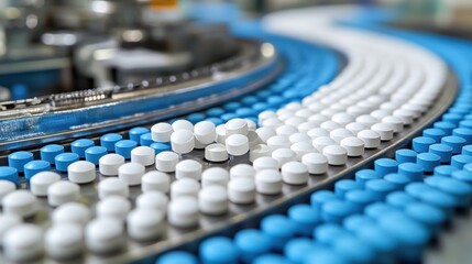 Obraz premium Blue and White Pills on Manufacturing Conveyor Belt in Factory Setting
