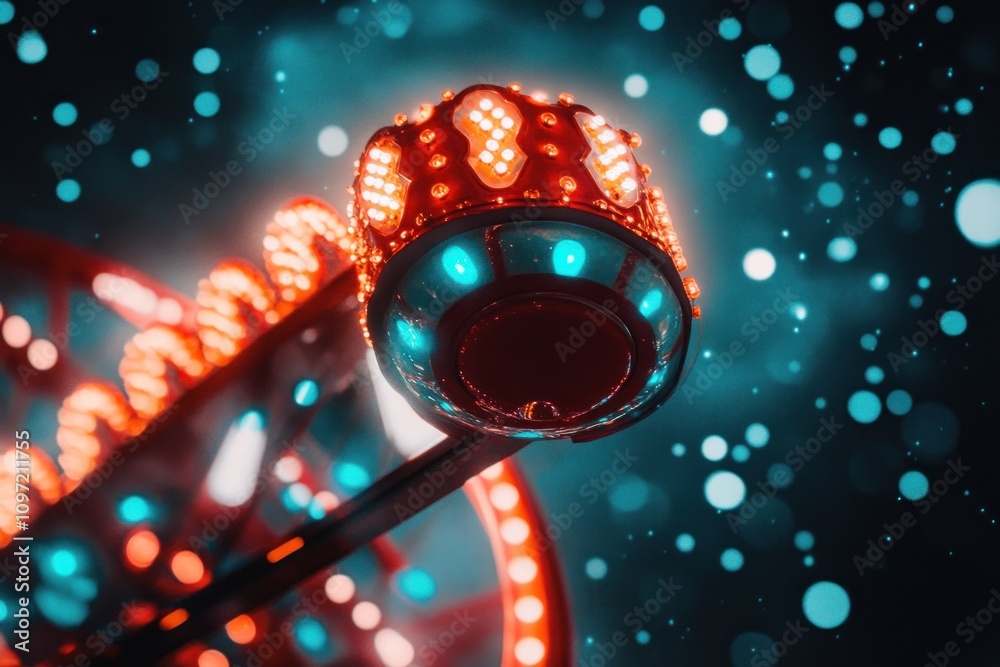 Poster a close-up of a colorful amusement ride with bright lights against a blurred background.