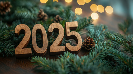 Wooden numbers set on a rustic table adorned with greenery for the celebration