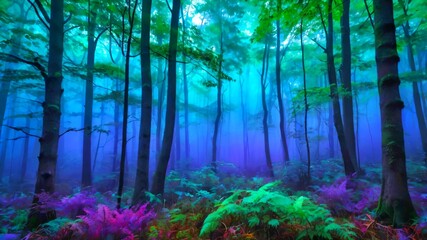 Naklejka premium AI GENERATE background, A dreamlike forest scene with gradient mists blending blue, green, and purple
