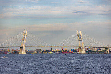 Russia. Saint-Petersburg. The bridge over the Ship's Fairway is a metal cable—stayed road bridge, which is part of the Western Speedway Diameter.