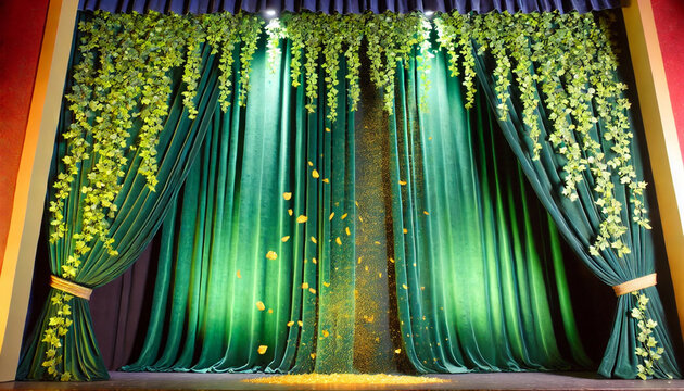 Elegant Green Theater Curtain with Cascading Foliage and Sparkling Gold Accents. Generative Ai