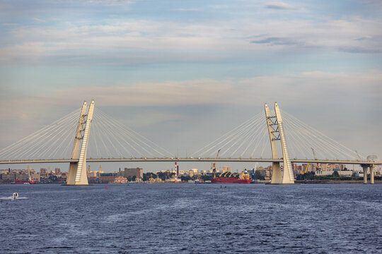 Russia. Saint-Petersburg. The bridge over the Ship's Fairway is a metal cable&mdash;stayed road bridge, which is part of the Western Speedway Diameter.