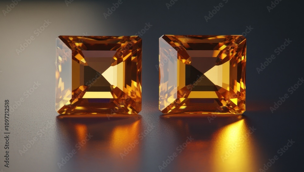 Poster two sparkling amber gemstones with intricate facets reflecting light.