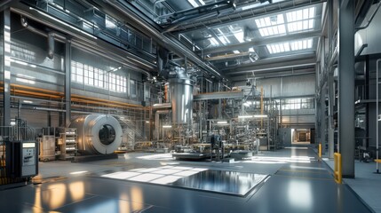 Fototapeta premium Open-plan factory interior, metal and glass accents, high-tech and modern equipment 