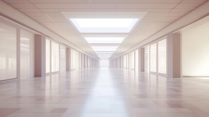 Obraz premium A large, empty hallway with a lot of windows. The hallway is very clean and bright, with a lot of natural light coming in from the windows. The space is very open and spacious