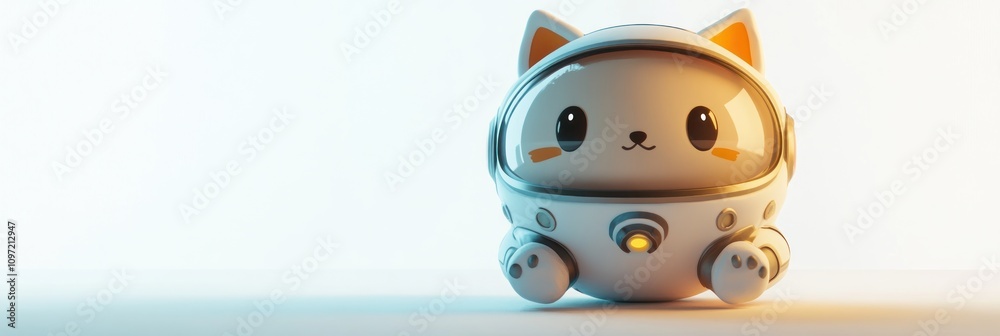 Poster a cute cat-shaped robot in a space helmet, designed for playful and imaginative purposes.