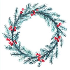 Watercolor festive wreath made of green pine branches and red berries, perfect for holiday decorations and seasonal greetings.