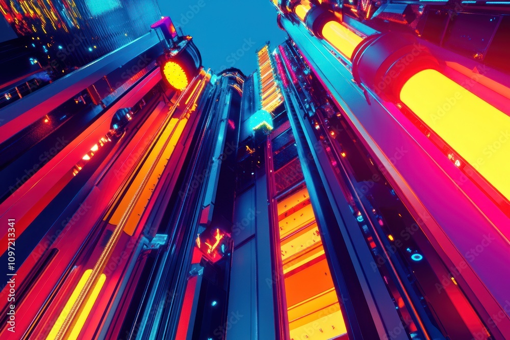 Poster a vibrant, futuristic cityscape with glowing structures and intricate designs.
