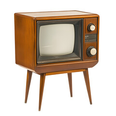 A vintage wooden television set with a small screen and control knobs, designed for entertainment.