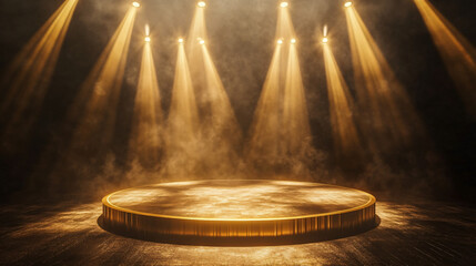 Obraz premium Dramatic and luxurious ambiance created by spotlit golden round platform in a smoky atmosphere