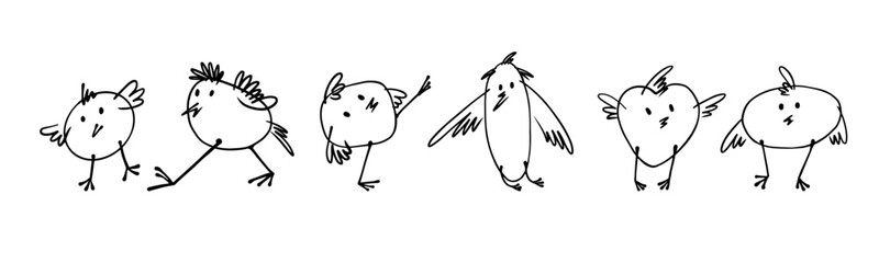 Set of doodles of funny characters, funny little birds. Vector graphics.