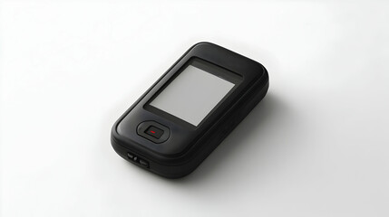 Black handheld device with blank screen on white background.