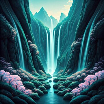 Paisaje de monta&ntilde;a fant&aacute;stico con cascadas brillantes y plantas bioluminiscentes bajo luz suave, naturaleza surrealista m&aacute;gica ideal para fondos y dise&ntilde;o creativo