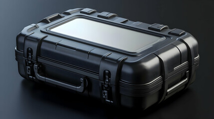 Black hard plastic case with handle and latches on dark background.