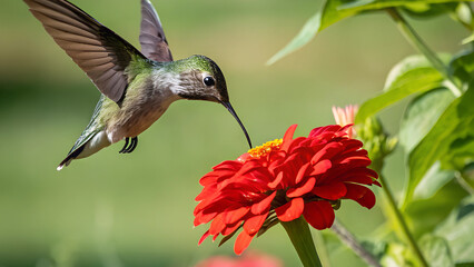 Fototapeta premium A hummingbird hovering mid-air while feeding on a bright red flower, wings blurred to show motion