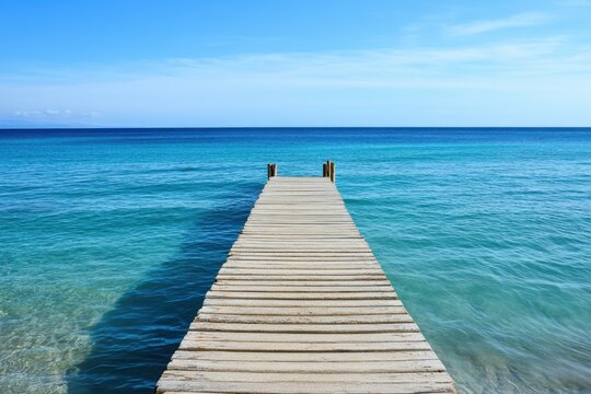 Wooden dock extends into clear blue ocean under sunny sky in tropical location
