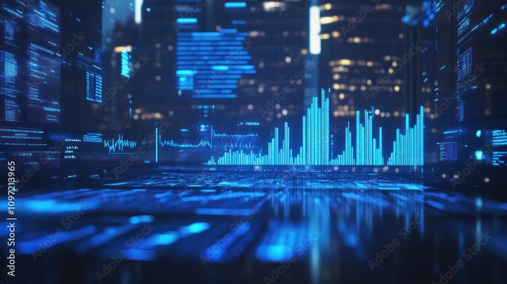 Aufkleber A digital cityscape with data visualizations and graphs in a futuristic design.