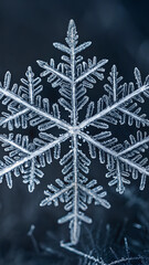 Obraz premium An extreme close-up of a single snowflake showcasing its intricate crystalline structure against a dark background